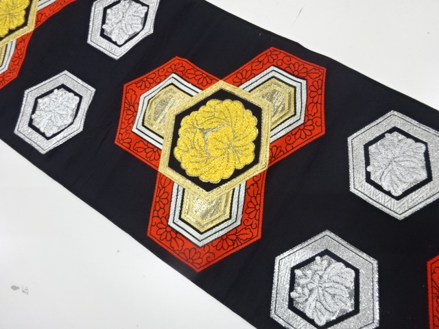 JAPANESE KIMONO / ANTIQUE FUKURO OBI / SILK / WOVEN PEONY & BISHAMON KIKKO